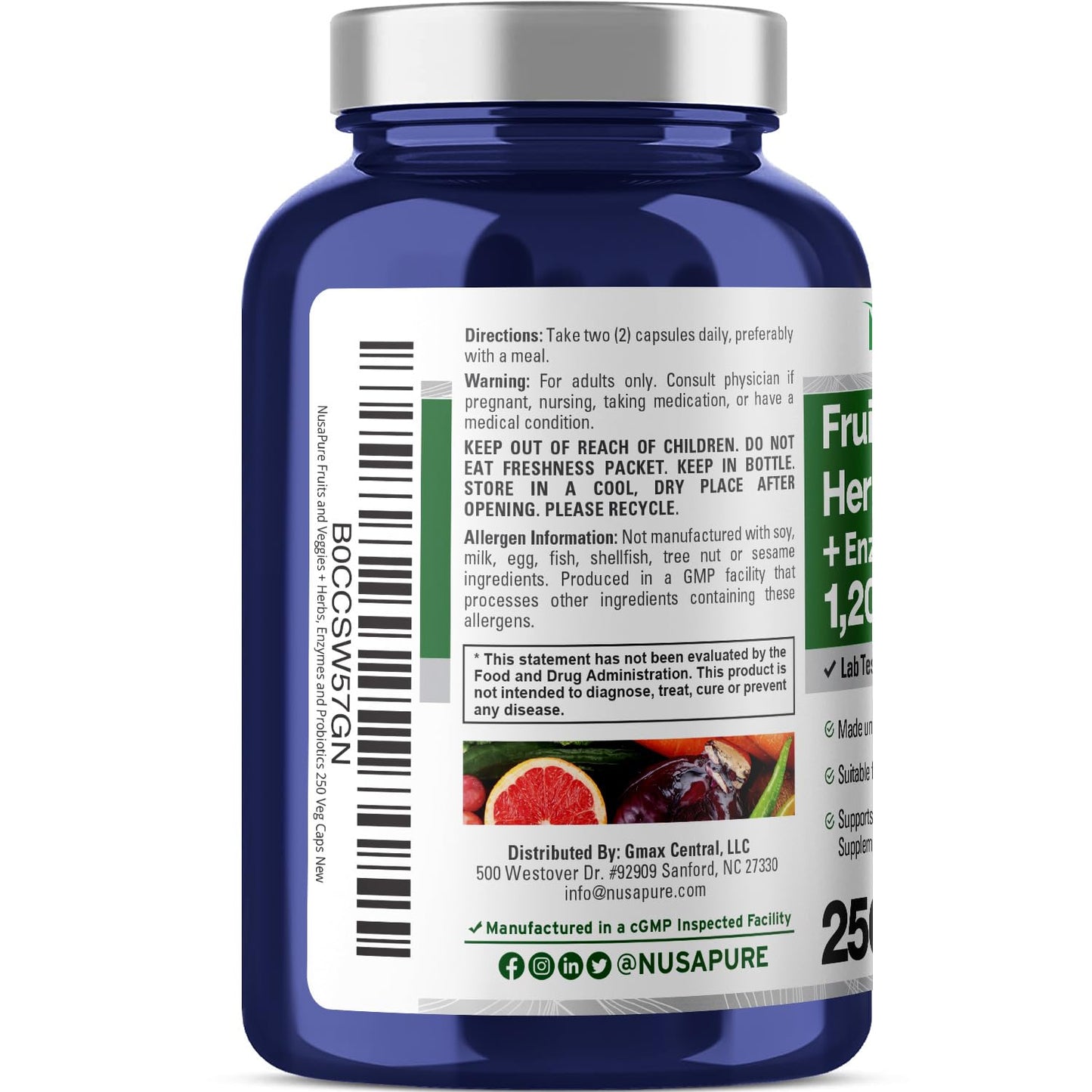 Suplemento de Frutas y Verduras NusaPure 1200 mg 250 Cápsulas - 43 Frutas y Verduras, 11 Enzimas, Probióticos (Vegano/Vegetariano, Sin OGM)