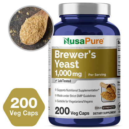 Levadura de Cerveza NusaPure - Apta para Vegetarianos/Veganos, Sin OMG - 1000mg 200 Cápsulas