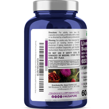 NusaPure Apoyo para Hígado y Riñones con Fruta de Arándano y Extracto de Cardo Mariano 650 mg 60 Cápsulas Sin OGM Sin Soya Suplemento Dietético