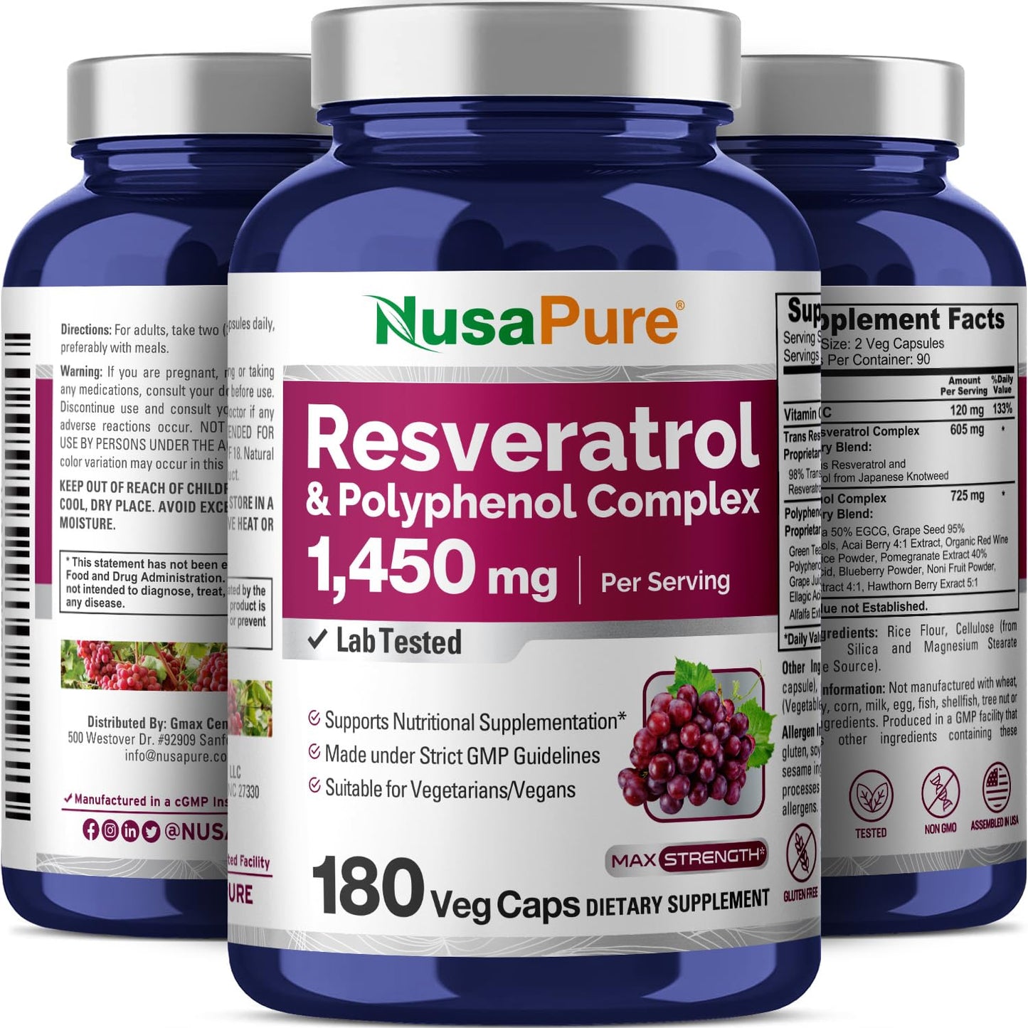 NusaPure Resveratrol y complejo de polifenoles 1450mg 180 cápsulas vegetarianas (sin OMG, vegano) Vitamina C