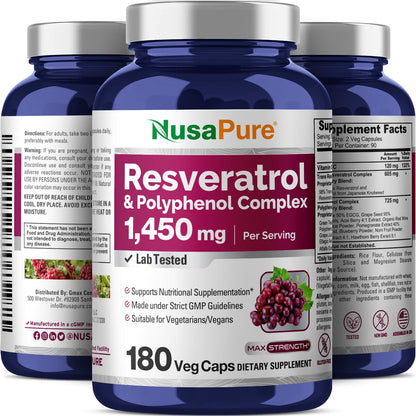 NusaPure Resveratrol y complejo de polifenoles 1450mg 180 cápsulas vegetarianas (sin OMG, vegano) Vitamina C