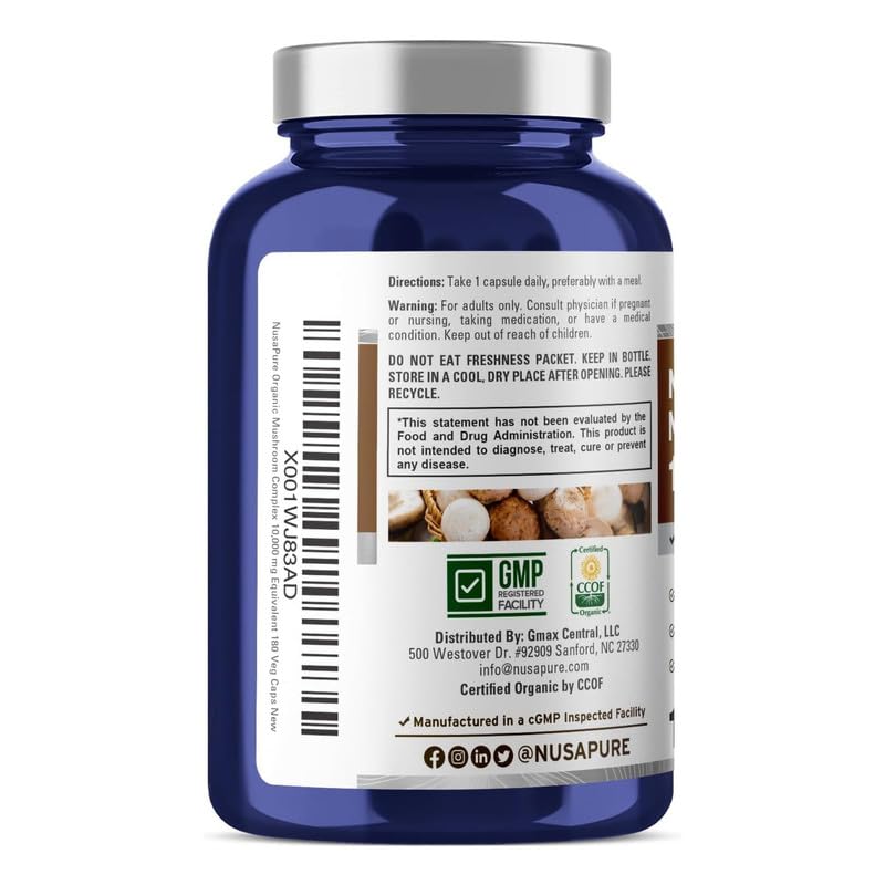 NusaPure Complejo de Hongos Orgánicos 450 mg por Cápsula, 180 Cápsulas Vegetales, sin OMG, Enoki, Cola de Pavo, Reishi, Chaga, Maitake