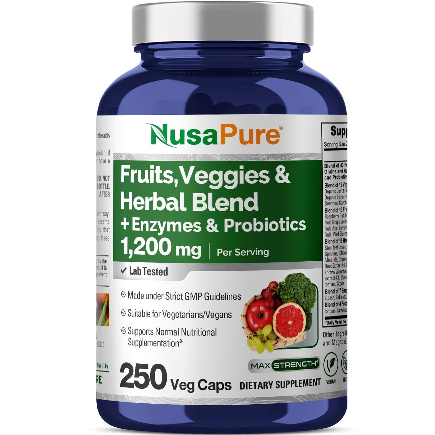 Suplemento de Frutas y Verduras NusaPure 1200 mg 250 Cápsulas - 43 Frutas y Verduras, 11 Enzimas, Probióticos (Vegano/Vegetariano, Sin OGM)