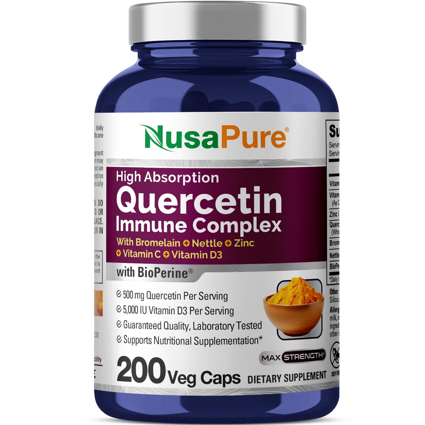 NusaPure Complejo de quercetina: bromelina, vitamina C, vitamina D3, ortiga, zinc | 200 cápsulas vegetales (sin OGM, bioperina)