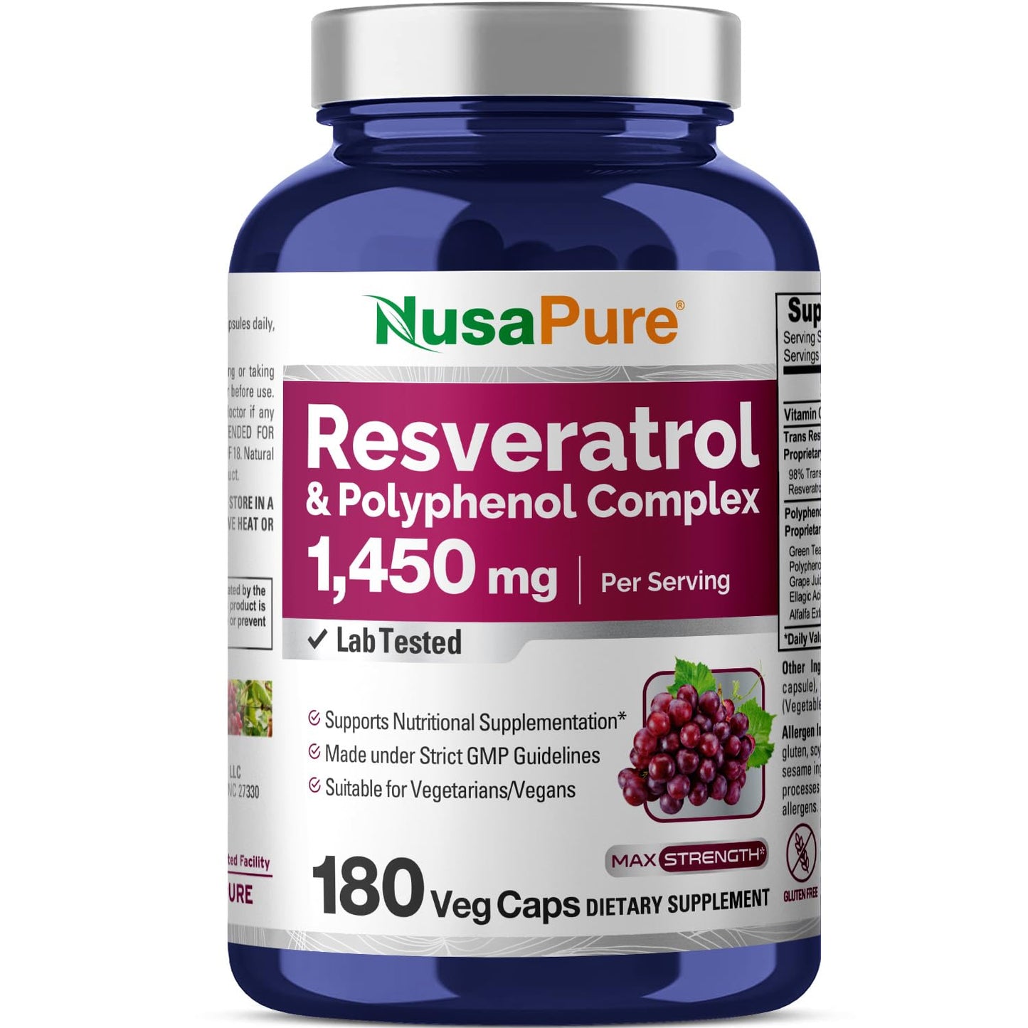 NusaPure Resveratrol y complejo de polifenoles 1450mg 180 cápsulas vegetarianas (sin OMG, vegano) Vitamina C
