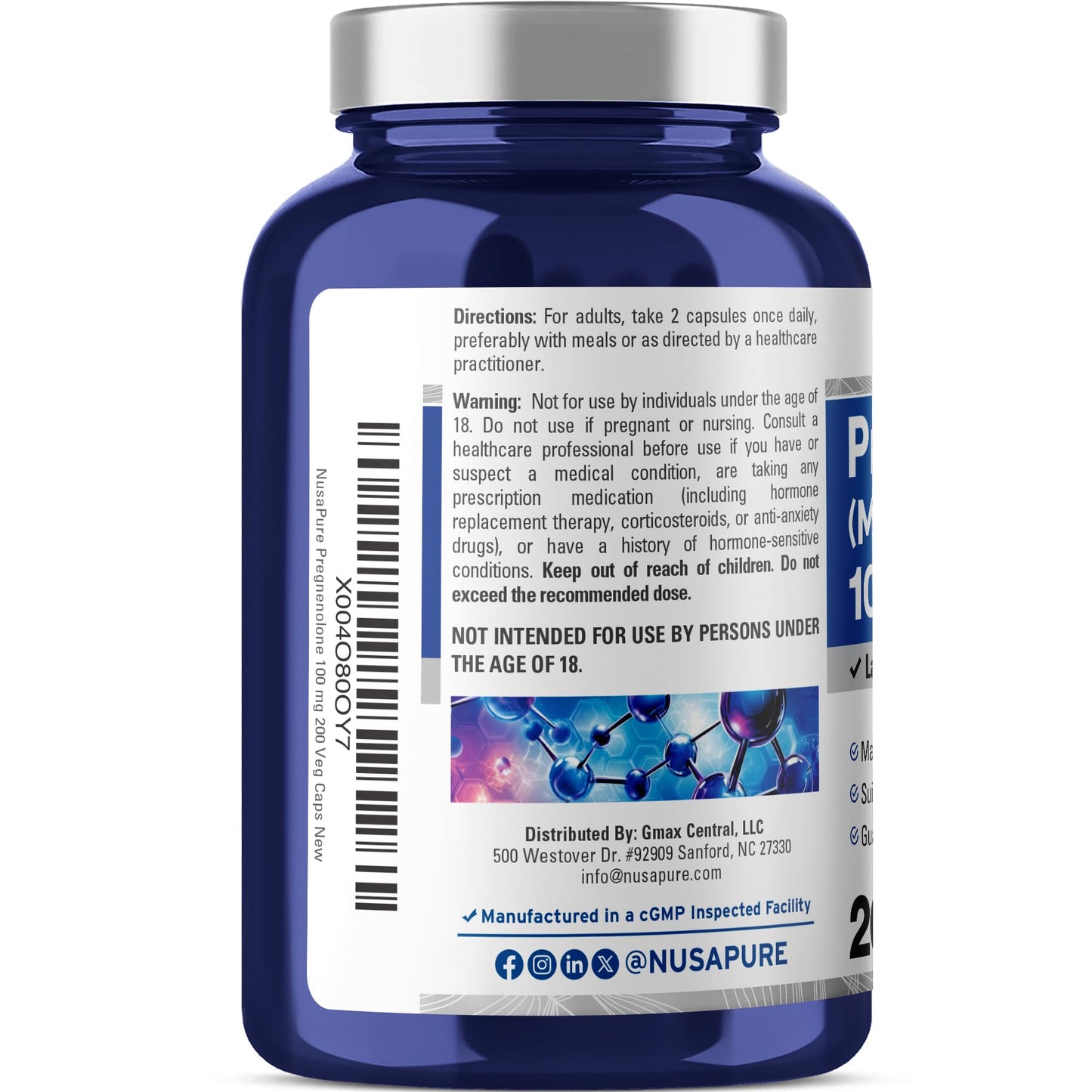 NusaPure Pregnenolona (Micronizada) 100 mg por porción 200 Cápsulas Vegetales Suplemento Dietético Vegano, No OGM