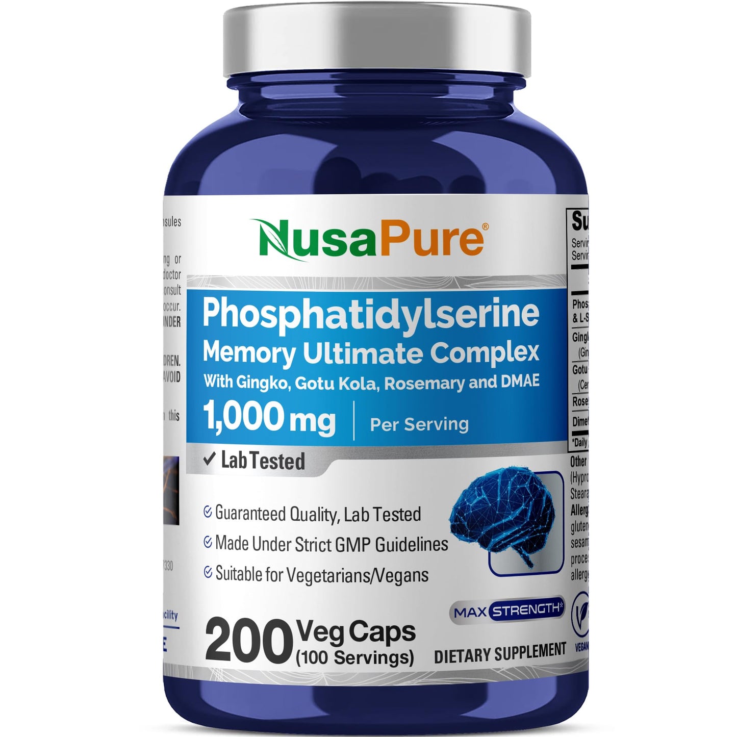 NusaPure Fosfatidilserina Memoria Complejo Definitivo 1000mg 200 Cápsulas Vegetarianas (Vegano, Sin OGM)
