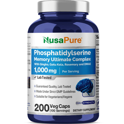 NusaPure Fosfatidilserina Memoria Complejo Definitivo 1000mg 200 Cápsulas Vegetarianas (Vegano, Sin OGM)
