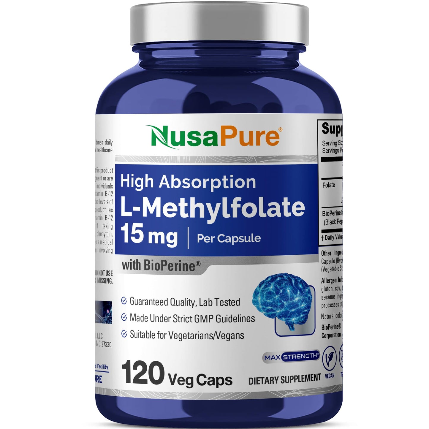 NusaPure L-metilfolato 15 mg, 120 cápsulas vegetales, bioperina y vegano