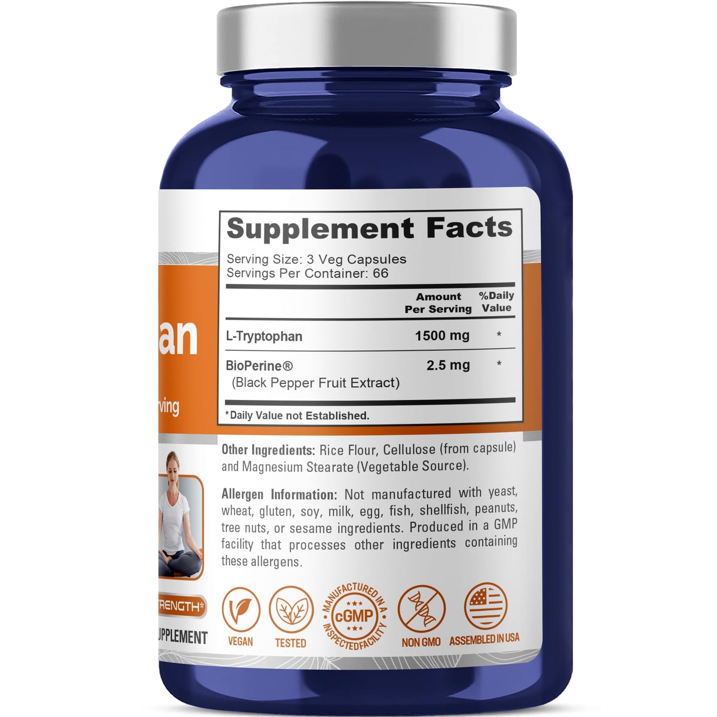 NusaPure L-Triptófano - Apto para vegetarianos/veganos, sin OMG - 1500mg 200 Cápsulas