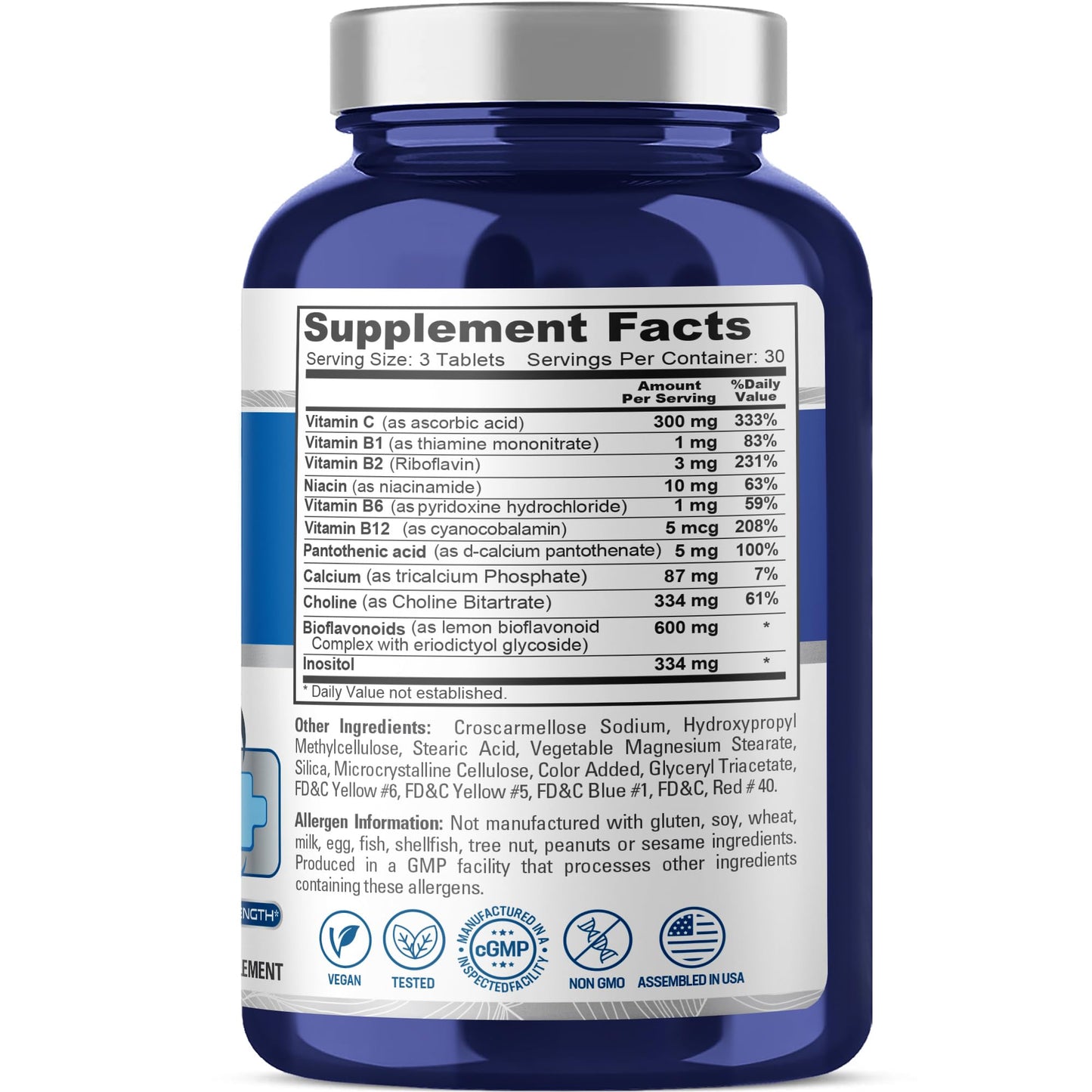 Sistema de apoyo para la salud auditiva de NusaPure – Vitamina C, vitaminas B, niacina, ácido pantoténico, calcio, colina, bioflavonoides e inositol – 90 comprimidos vegetarianos – Calidad GMP y vegano – Probado en laboratorio