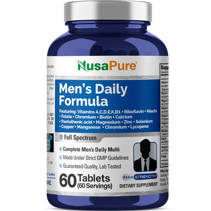 NusaPure Fórmula Diaria para Hombres – Multivitamínico de Espectro Completo con Vitaminas A, C, D, E, K, Complejo B, Folato, Biotina, Minerales y Licopeno | 60 Tabletas | Sin OGM