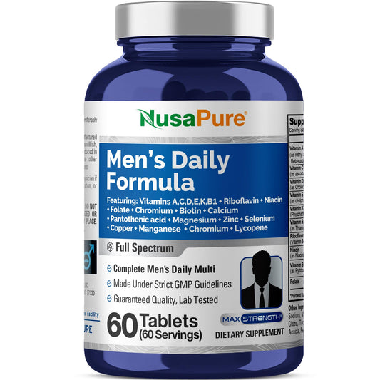 NusaPure Men’s Daily Formula – Full Spectrum Multivitamin with Vitamins A, C, D, E, K, B-Complex, Folate, Biotin, Minerals & Lycopene | 60 Tablets | Non-GMO