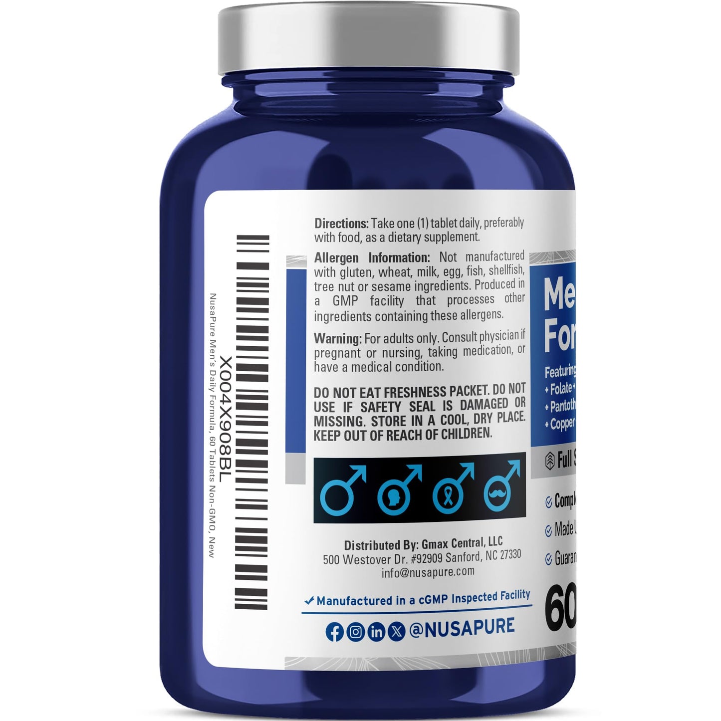 NusaPure Fórmula Diaria para Hombres – Multivitamínico de Espectro Completo con Vitaminas A, C, D, E, K, Complejo B, Folato, Biotina, Minerales y Licopeno | 60 Tabletas | Sin OGM