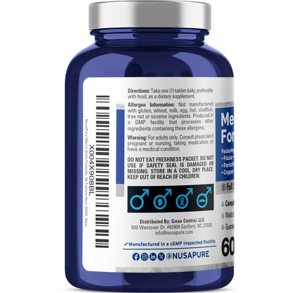 NusaPure Fórmula Diaria para Hombres – Multivitamínico de Espectro Completo con Vitaminas A, C, D, E, K, Complejo B, Folato, Biotina, Minerales y Licopeno | 60 Tabletas | Sin OGM