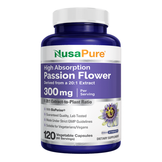 NusaPure Passion Flower 20:1 Extract, 300 mg, 120 Veggie Caps, Non-GMO, Bioperine, Extract Supplement